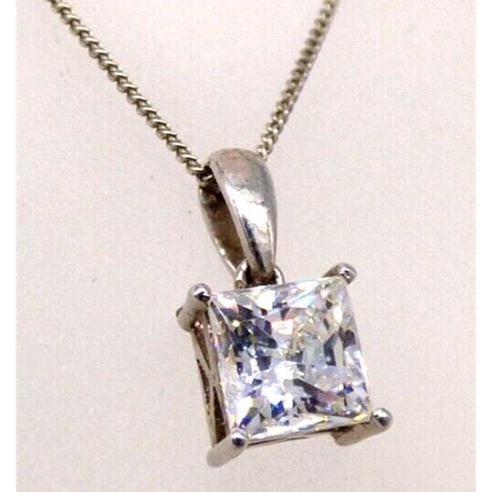Quartz CZ Solitaire Pendant Necklace Clear Rhinestone Chain 925 Sterling Sparkly